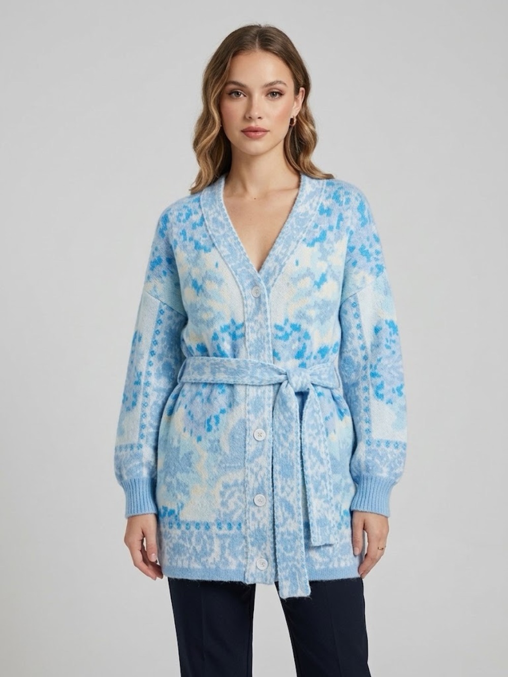 Vici - NWT Light Blue Patterned Belted Cardigan